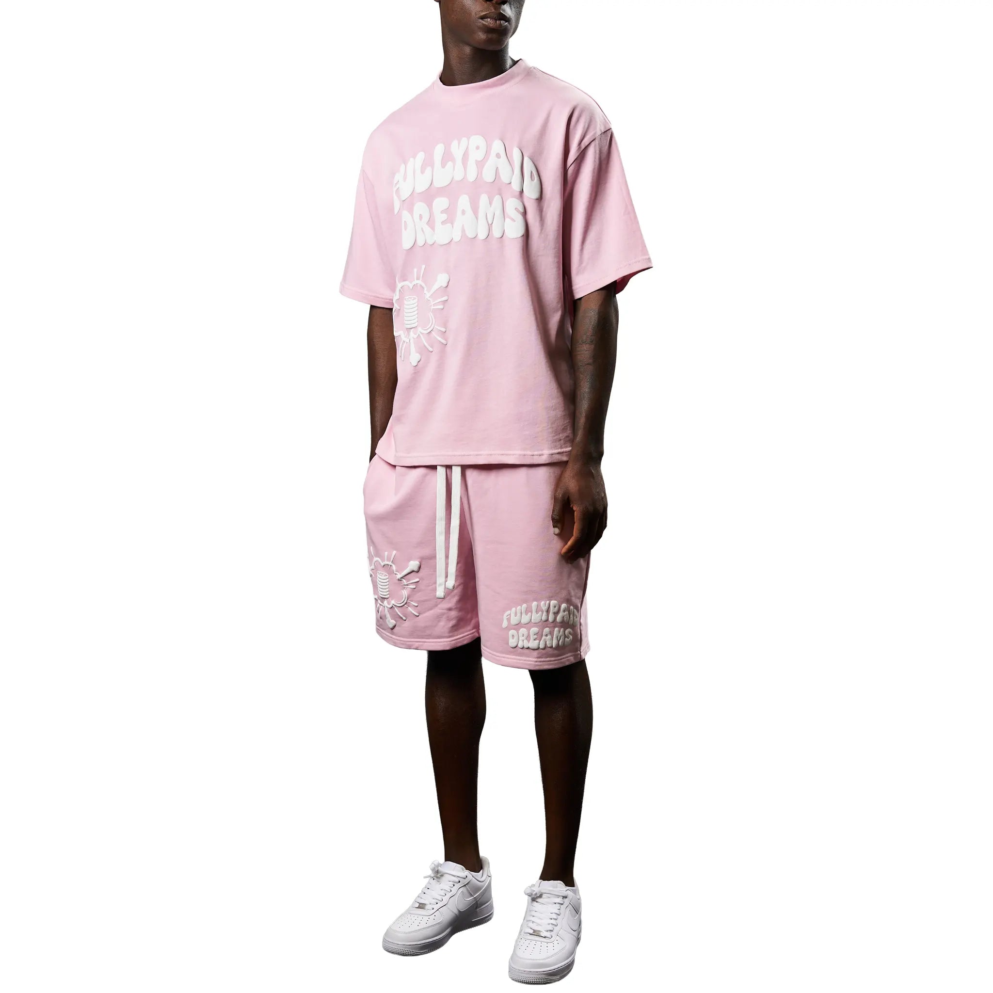 Model View of Fully Paid Dreams Pink White Shorts